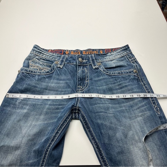 Rock Revival Helmut Straight Mens Size 33 Blue Denim Jean‎ Brushed Stripes Biker - Picture 12 of 16